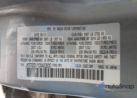 2013 Mazda Cx-9 Grand Touring z USA, uszkodzony, nr VIN JM3TB3DV1D0423200